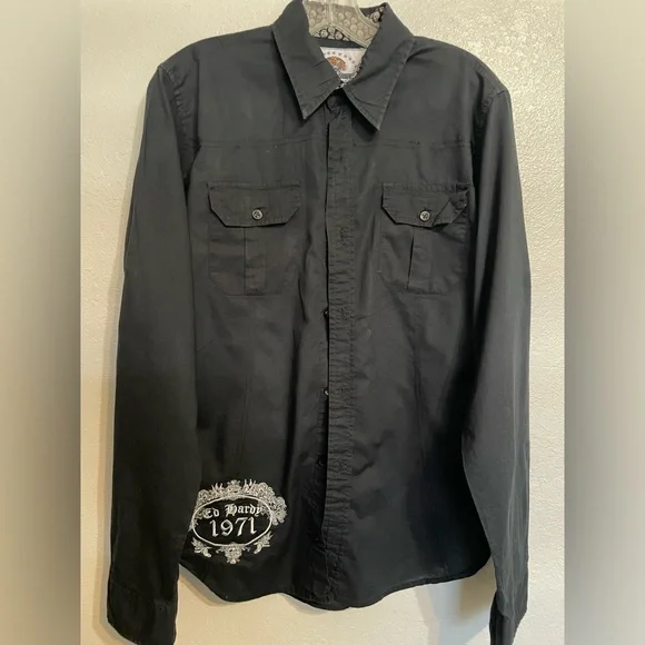 Ed Hardy Black Shirt with White Tattoo Design - Picture 2 of 6